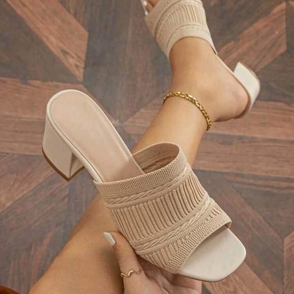 Women Minimalist Mule Sandals, Fabric Chunky Heeled Elegant Sandals - Picture 1 of 6